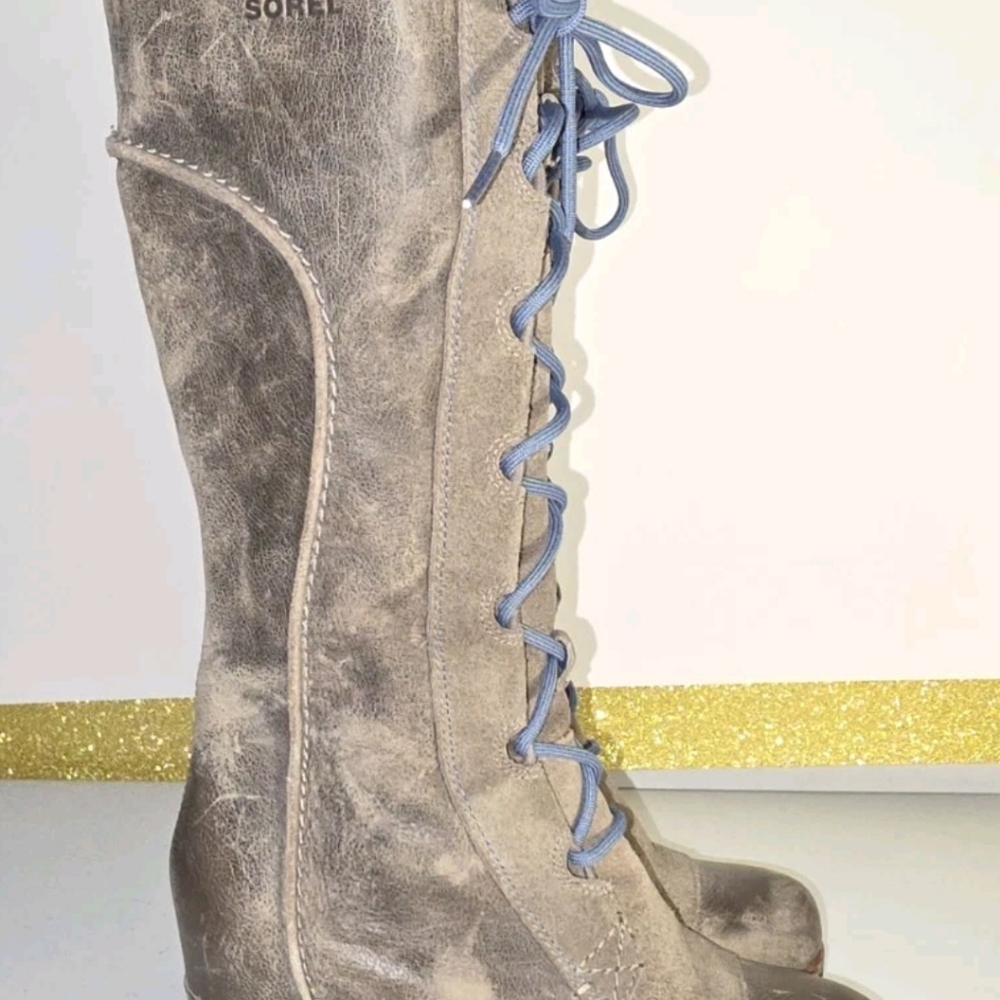 SOREL CATE THE GREAT WEDGE Tall Brown W/ Blue laces Leather RARE HTF Sz 7/38 - Picture 5 of 16